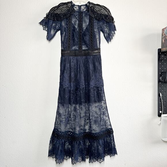 Self-Portrait Navy Lace Frill Midi Dress SP13-056 Size 4 Elegant Cocktail - Picture 5 of 16